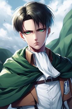 an anime character with green eyes and a cape over his shoulders, staring at the camera