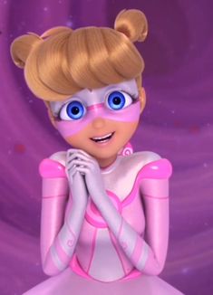 a cartoon character with big blue eyes and blonde hair, wearing a pink dress in front of a purple background