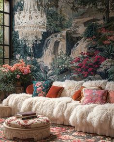 a living room filled with lots of furniture next to a wall covered in flowers and plants