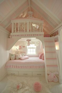 a white and pink bedroom with stairs to the top bed, pillows on the bottom