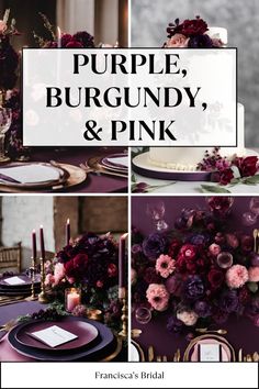 purple, burgundy and pink wedding decor with flowers on the table for an elegant touch