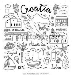 hand drawn doodles with the names of different countries in black and white stock photo