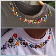 two pictures one with flowers and the other with beading on it's neck