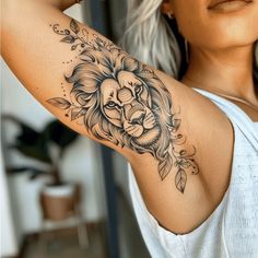 Arm Tattoos For Women Tattoo Art Set Tattoo Ideas Female Sleeve Black Women, Female Lion Tattoo For Women, Womens Arm Sleeve Tattoo, Alluring Tattoo, Underarm Tattoo, Biblical Tattoos, Lion Tattoo Design, Writing Tattoos, Dope Tattoos For Women