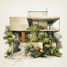 a drawing of a house with plants and stairs