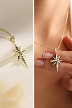 "Material: * 100% 14K(585) Real Gold (no gold-filled or no gold plated material) Gold Karat: 14k (585) Medium Star Width: 12 mm Medium Star Height: 15 mm Large Star Width: 16 mm Large Star Height: 20 mm Xlarge Star Width: 20 mm Xlarge Star Height: 25 mm 14k Solid Gold North Star Necklace, Polaris Pendant, Minimalist 3D Northern Star Charm Necklace, Star Celestial Guide Jewelry Neclace Gift for New Mother, BFF Gift, Mother Necklace This norther star necklace means, Luck, protection, direction, guidance and security. In the past sailors used the compass as symbol to protect them on their journey and ensure a safe return. The North Star has been used as a navigational guide since the beginning of time. Necklace Length: Available Between 14 - 24 Inches Necklace Length - 14 inches (choker) Neck Gold Star Necklace Aesthetic, North Star Necklace Gold, Star-shaped 14k Gold Filled Jewelry Gift, 14k Gold Filled Star Jewelry For Gifts, Celestial Star-shaped 14k Gold Jewelry, 14k Gold Starburst Jewelry Gift, 14k Gold Starburst Jewelry As Gift, 14k Gold Star Jewelry, 14k Gold Starburst Jewelry For Gift