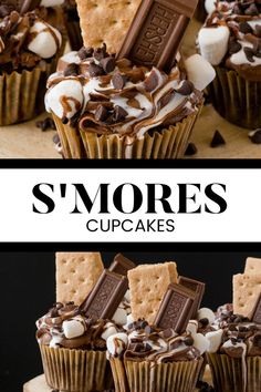 Two image collage of S'mores Cupcakes. First image shows the cupcake on a wooden surface. Second image shows a group of cupcakes on a wooden cupcake stand. S Mores Cupcakes, Campfire Desserts, Simply Stacie, Campfire Marshmallows, Cake Base, Gourmet Cupcakes, Cupcakes Recipe, Oreo Dessert, Easy Baking Recipes Desserts