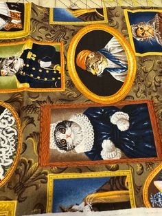 a close up of an art work with many pictures on the fabric, including cats and dogs