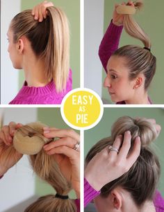 Hair Donut Styles, Bun Donut, Donut Bun Hairstyles, Donut Bun, Hair Donut, Top Knot Hairstyles, Short Hair Bun, Hair Bun Tutorial