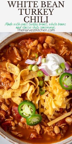 white bean and turkey chili in a bowl with tortilla chips