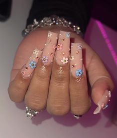 Acrylic Press On Nails, Girly Acrylic Nails, Long Square Acrylic Nails, Acrylic Nails Coffin Short, Gem Nails, Short Acrylic Nails Designs