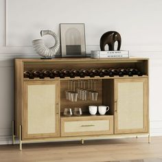 The BELLEZE Marcel wine cabinet offers both style and functionality in one versatile piece. Crafted from high-quality PB and MDF board, it boasts a sturdy build capable of supporting up to 80 pounds on both the top open shelf and tabletop. With ample storage, including wine racks for 12 bottles, metal glass holders, side cabinets, and a drawer, this wine cabinet adapts to various needs. Its rustic wood texture and rattan door design, complemented by elegant golden handles, add a touch of sophist Cabinet With Wine Rack, Cabinet For Dining Room, Rustic Wood Texture, Rattan Door, Coffee Bar Cabinet, Industrial Kitchen Lighting, Wine Bar Cabinet, Storage Console, Teen Bedroom Furniture