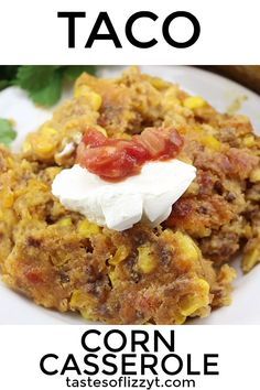 corn casserole with sour cream and tomato sauce on top is shown in this recipe