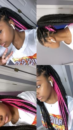 Peekaboo Hair Color Black Women Braids, Box Braids Pink Peekaboo, Pink And Black Peekaboo Braids With Curls, Black And Pink Box Braids, Box Braids Peekaboo Color, Pink Peekaboo Braids, Black Box Braids With Pink Highlights, Peakaboobraids Pink And Black, Black And Pink Braids