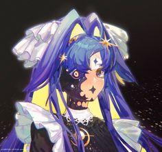 an anime character with blue hair and black makeup wearing a purple wig, white collared shirt and gold stars on her face