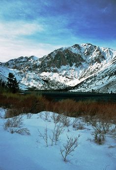 a snow covered field with mountains in the background