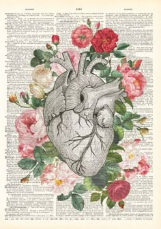 a drawing of a human heart surrounded by flowers on an old book page with text