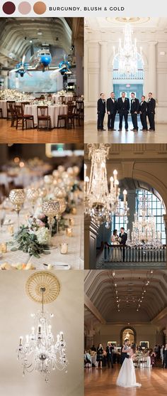 the wedding party is posing for pictures in their ballrooms and reception tables with chandeliers