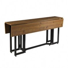 a wooden table with two metal legs and a shelf on the top that is open