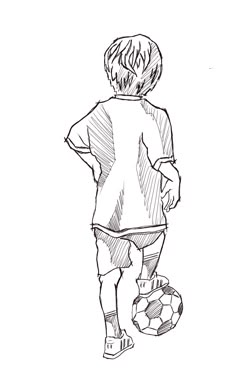 a black and white drawing of a boy playing with a soccer ball