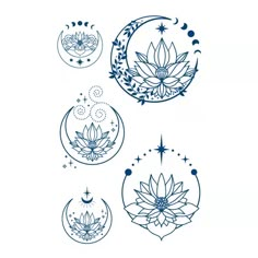 four phases of the moon with lotuses and stars on them, in blue ink