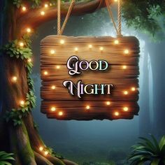 a sign that says good night hanging from a tree with lights around it and the words,