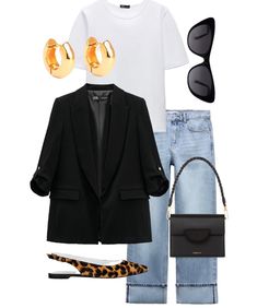 Blazer And Jeans Outfit Women Work, Blazer With Boyfriend Jeans, Black Casual Formal Outfit, Melbourne Summer Outfit, Black Jeans Work Outfit Office Style, Leopard Print Shoes Outfit Work, Ladies Lunch Outfit, Light Beige Blazer Outfit, Printed Blazers For Women