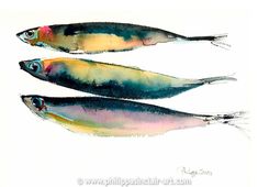 three fish are depicted in this watercolor painting on paper, one is yellow and the other is blue