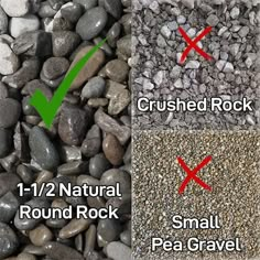 three different types of rocks and gravel with green ticks on the top one is crushed rock