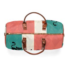 Pack up for your weekend getaway with the Atomic Cat Retro TV Travel Bag! This vibrant MCM weekender is a playful tribute to the '50s, featuring sassy feline silhouettes and a nostalgic television design. Teal, coral, and beige hues dance across the durable fabric, while the brown leather accents add a touch of sophistication. Whether you're off on a road trip or jet-setting, this bag is the purr-fect companion for every retro-loving traveler Key Features One size: 20" × 12'' × 9" (50.8cm × 30.5 Retro Red Travel Bags, Retro Green Bags, Vintage Pink Travel Bags, Retro Rectangular Bags For Weekend, Vintage Rectangular Weekender Bag For Weekend Trips, Vintage Rectangular Duffle Bag For Trip, Retro Rectangular Travel Bag, Retro Rectangular Travel Bag For Trips, Retro Rectangular Duffle Bag For Everyday Use