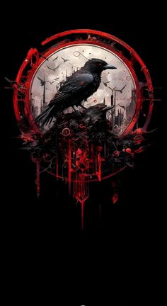 a black bird sitting on top of a red and white circle with blood splatters