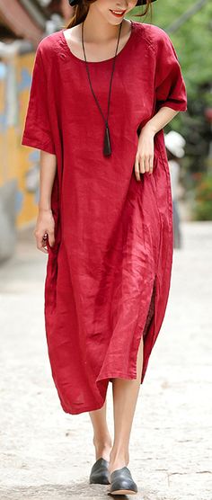 French red linen clothes Omychic Runway o neck embroidery Maxi summer Dress#oneckdress#reddress#linendress Maxi Summer Dress, Baggy Dresses, Red Summer Dresses, Neck Embroidery, Linen Fashion, Summer Linen Dresses, Cotton Linen Dresses, Mode Casual