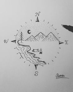 a black and white drawing of mountains with compasses on the top, and a bird flying over them