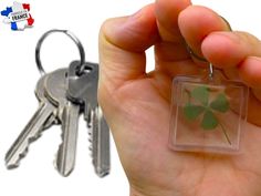 a hand holding a key with a four leaf clover on it