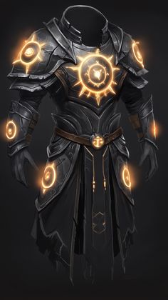 an armor with glowing lights on the chest and arms, as well as two hands