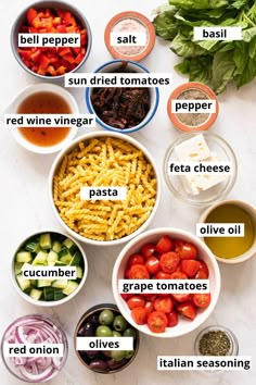 the ingredients for this pasta salad are shown in bowls and labeled with their corresponding names