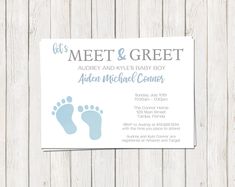 the baby feet are shown in blue and gray on this card, which reads it's meet and greet