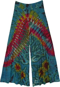 Soft wide-leg palazzo pants with a dark and vibrant combination of ocean-inspired colorful tie-dye patterns. These vibrant resort-wear-style pants with stretchy waist are made from soft natural viscose with a touch of spandex and hence are both comfortable and stylish. #tlb #SplitSkirtsPants #TieDye #wideleg #tiedyepants #hippiepants Tie Dye Hippie Pants, Tie Dye Color Combinations, Plain White Blouse, Tie Dye Clothes, Funky Pants, Dye Patterns, Tie Dye Pants, Tie Dye Hippie, Blue Clothing