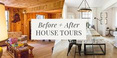 the before and after photos of a house tour with furniture, lighting, and wood paneling