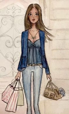 a drawing of a woman holding shopping bags