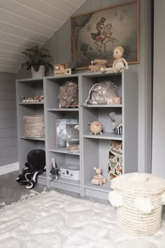 a room filled with lots of shelves and stuffed animals