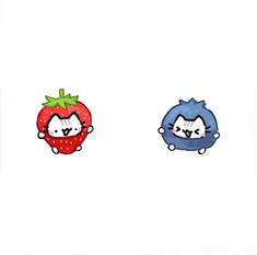 two cartoon strawberrys sitting next to each other on top of a white surface,