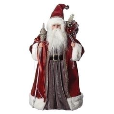 a santa clause figurine is standing in front of a white background with red accents