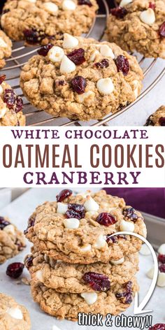 white chocolate oatmeal cookies with cranberries are stacked on top of each other