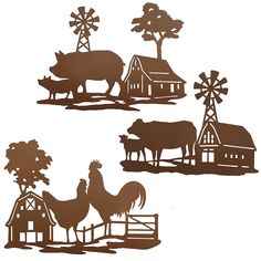 three metal farm animals and barn silhouettes