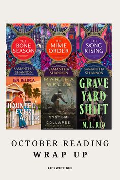 an image of books with the title october reading wrap up written below it and in front of them