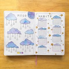 an open planner with clouds, stars and the words mood habit's written on it