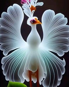 a white bird standing on top of a table next to a vase filled with flowers