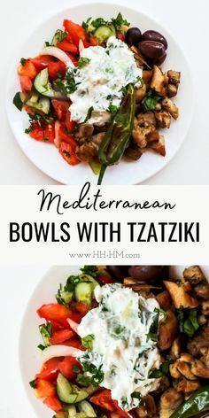 two plates with different types of food on them and the words mediterranean bowls with tzatziki