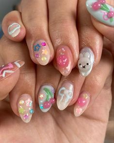 Colorful Charm Nails, Tamagotchi Nails, Nails For Birthday, Miffy Nails, Almond Press On Nails, Nails 3d, Birthday Vacation